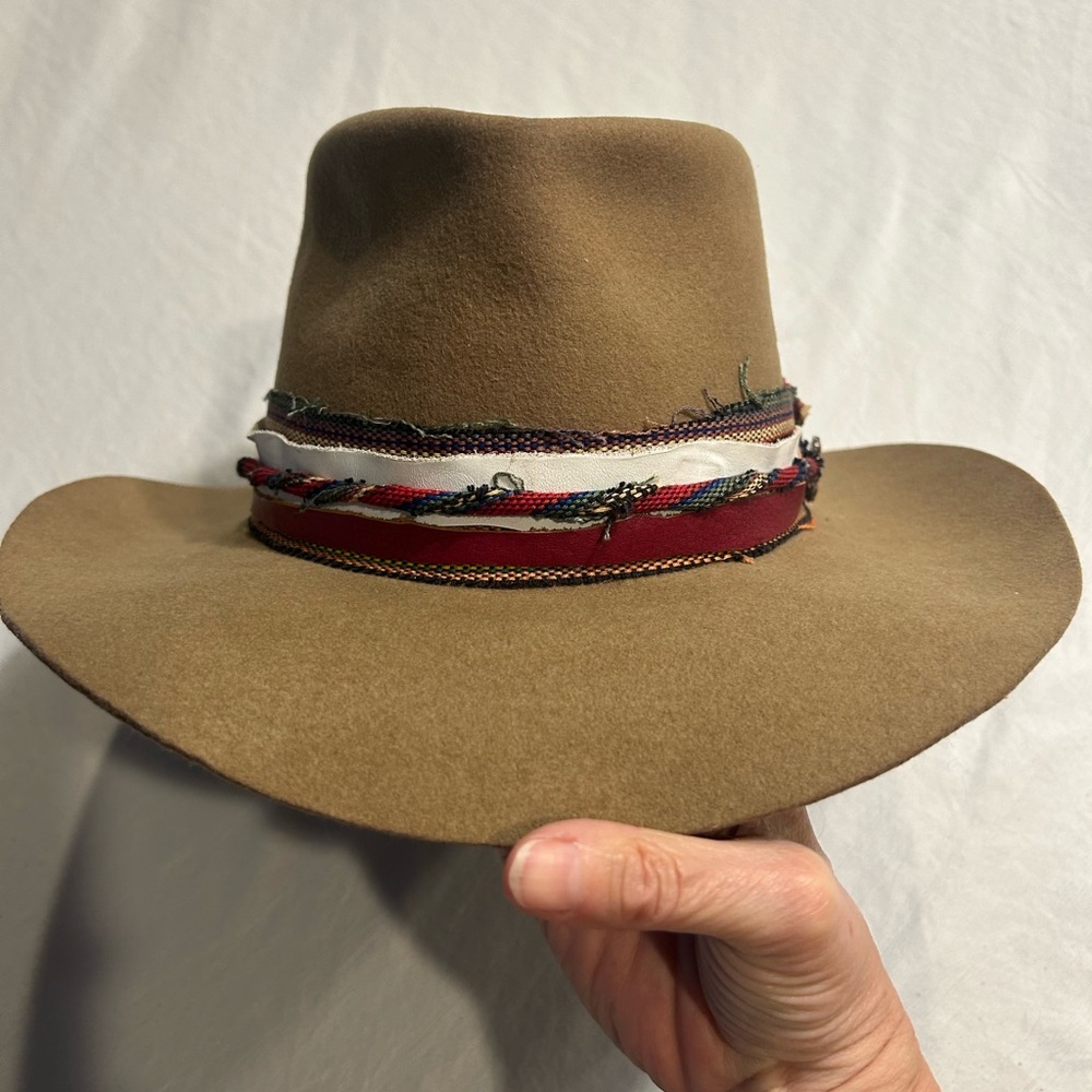 Tan Wide Brim Hat with custom Multicolor Band accented with authentic Zuni pin